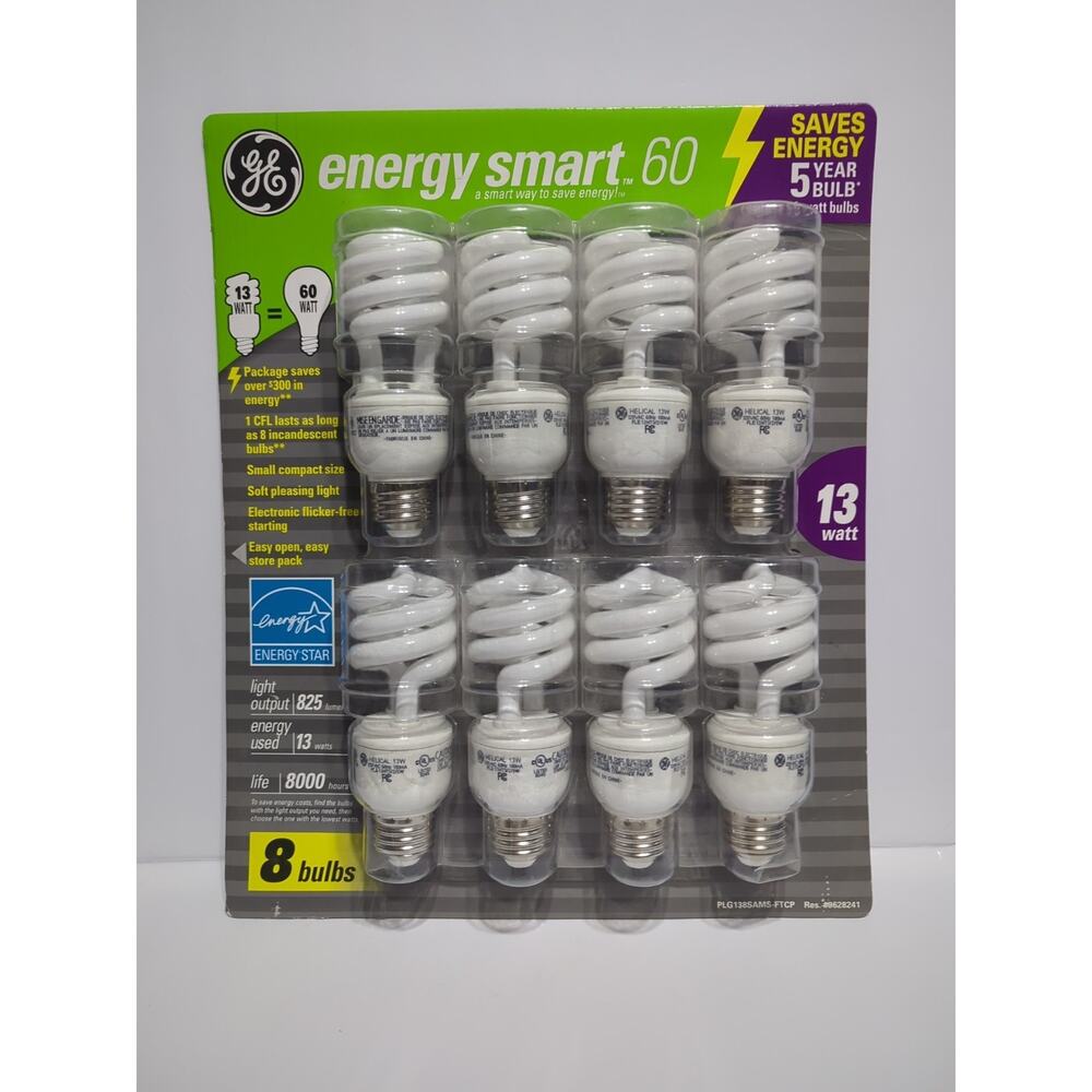 GE Energy Smart CFL Fluorescent GE 13 Watt Replaces 60 Watt Light Bulbs- 8 Pack